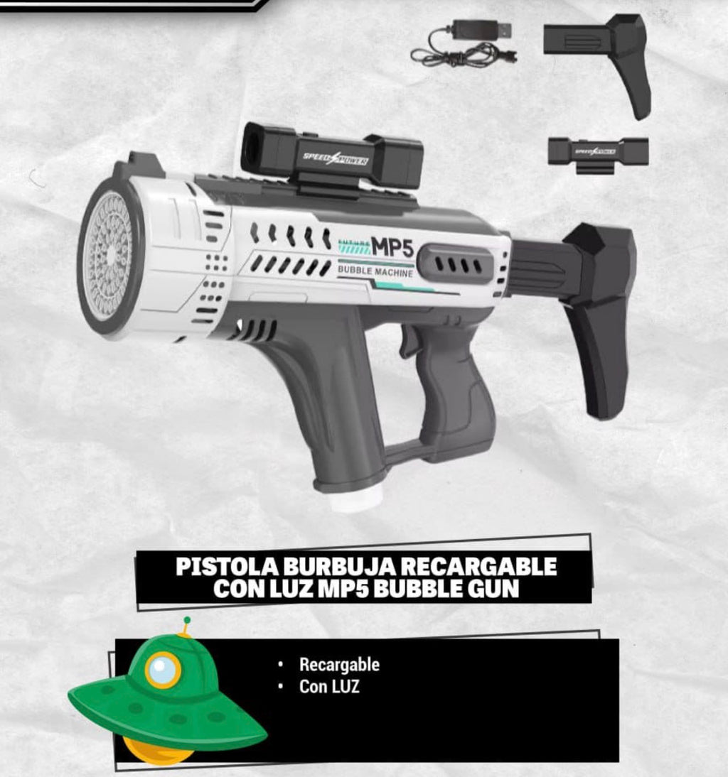 Pistola De Burbujas Eléctrica MP5 Con Luz Y Recargable