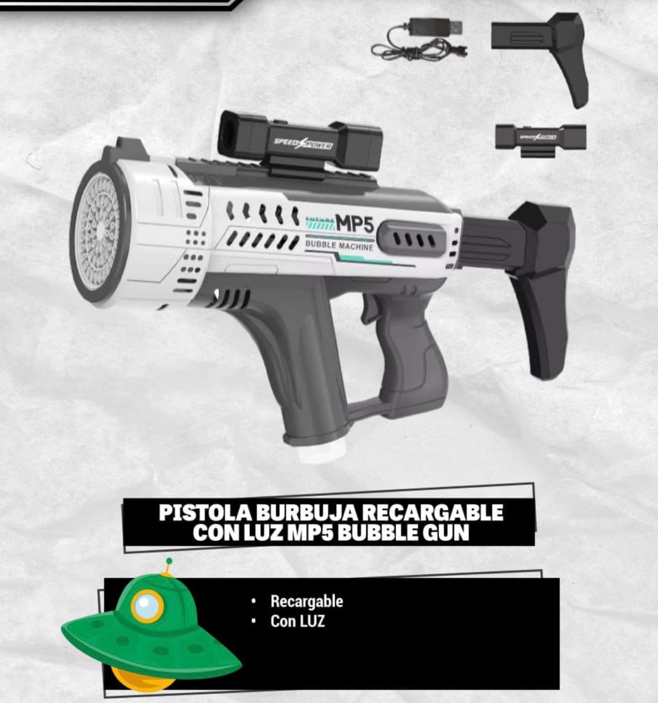 Pistola De Burbujas Eléctrica MP5 Con Luz Y Recargable