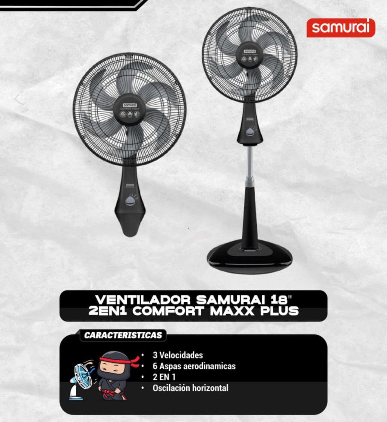 Ventilador Samurai Comfort Maxx Plus 18” 2 en 1 Pedestal y Pared | Potente y Silencioso