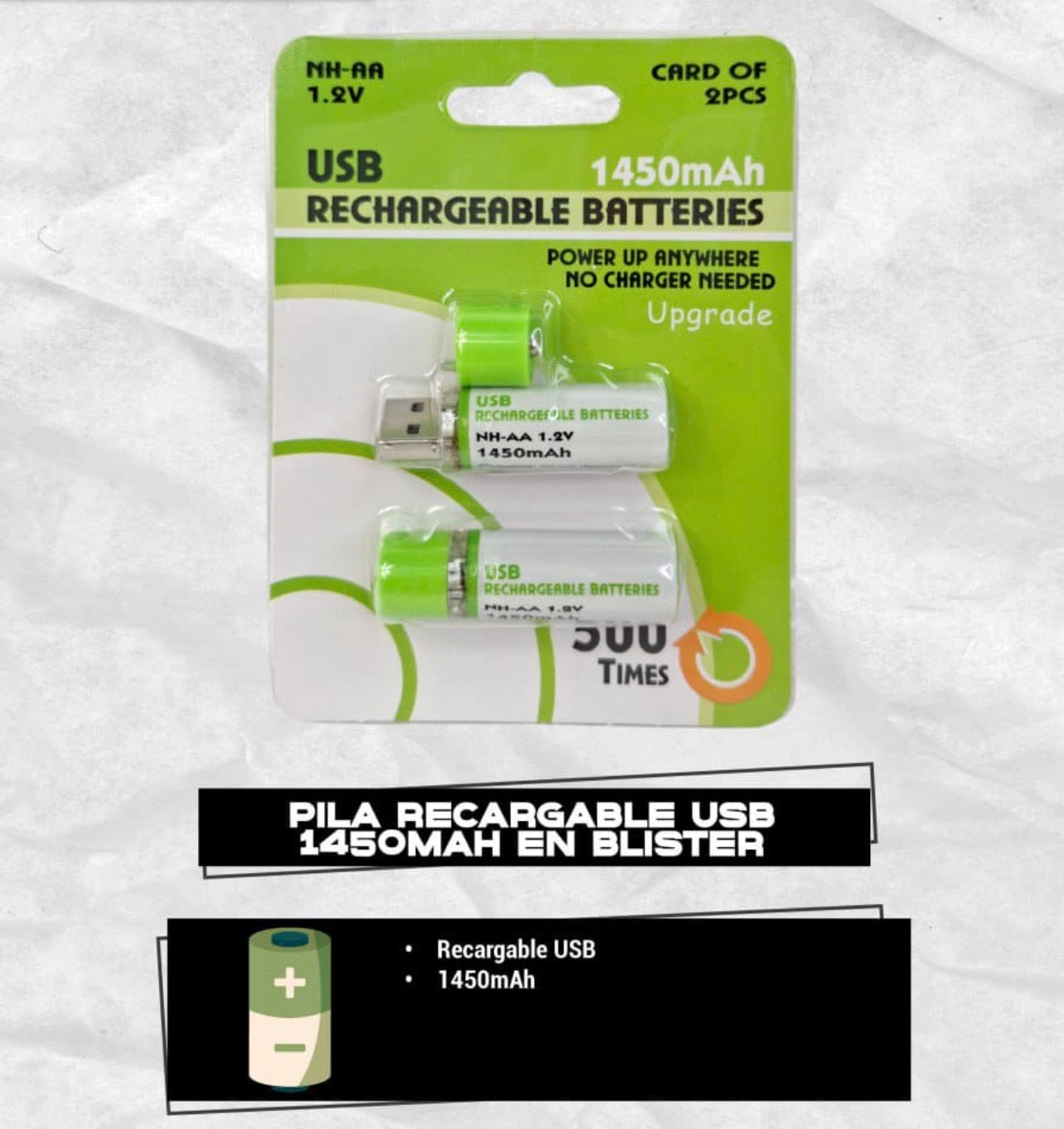 Pilas Recargables USB AA de 1450mAh - Paquete de 2 Unidades