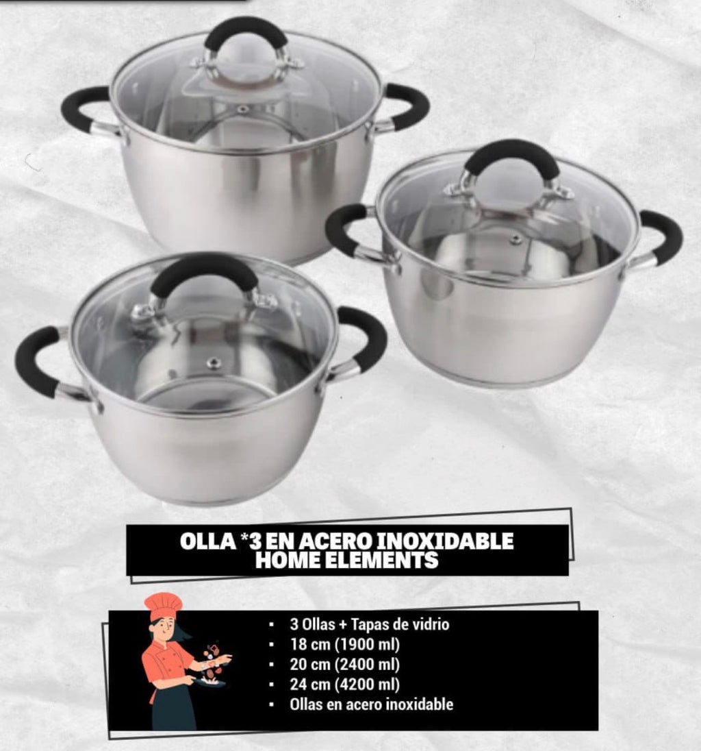 Set 3 Ollas en Acero Inoxidable Home Elements
