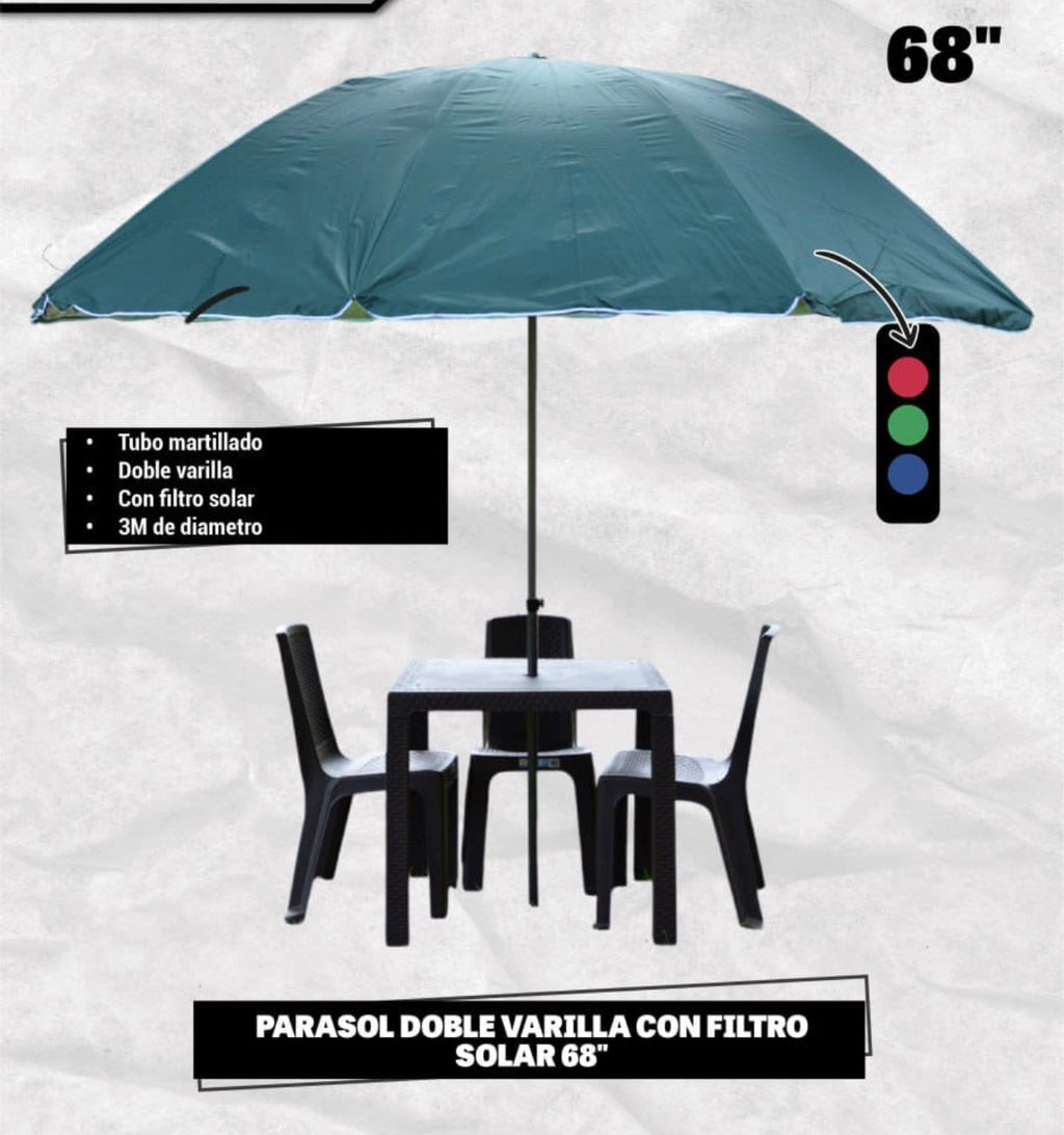 Parasol de 68" con Doble Varilla y Filtro Solar - Ideal para Exteriores
