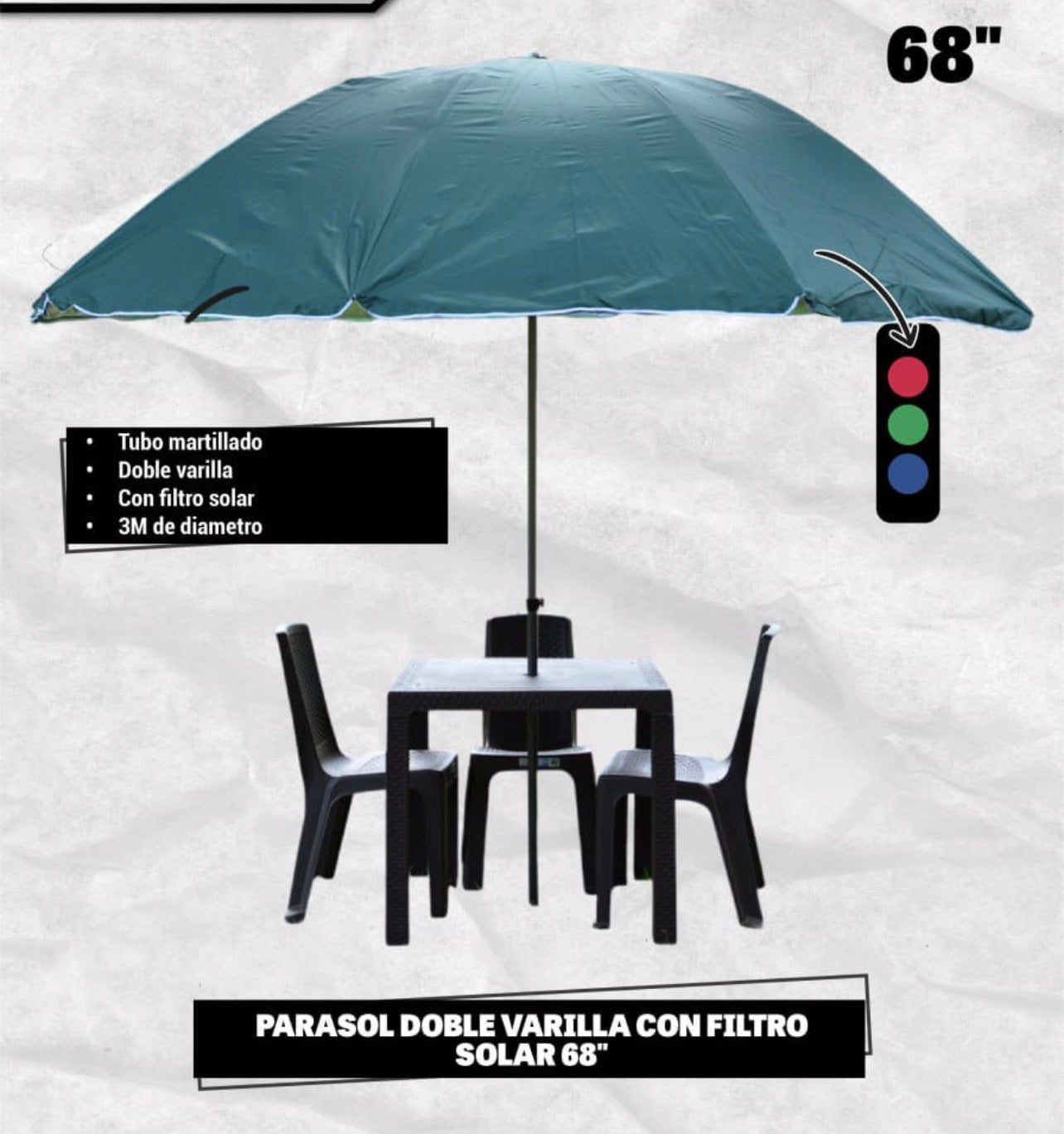 Parasol de 68" con Doble Varilla y Filtro Solar - Ideal para Exteriores