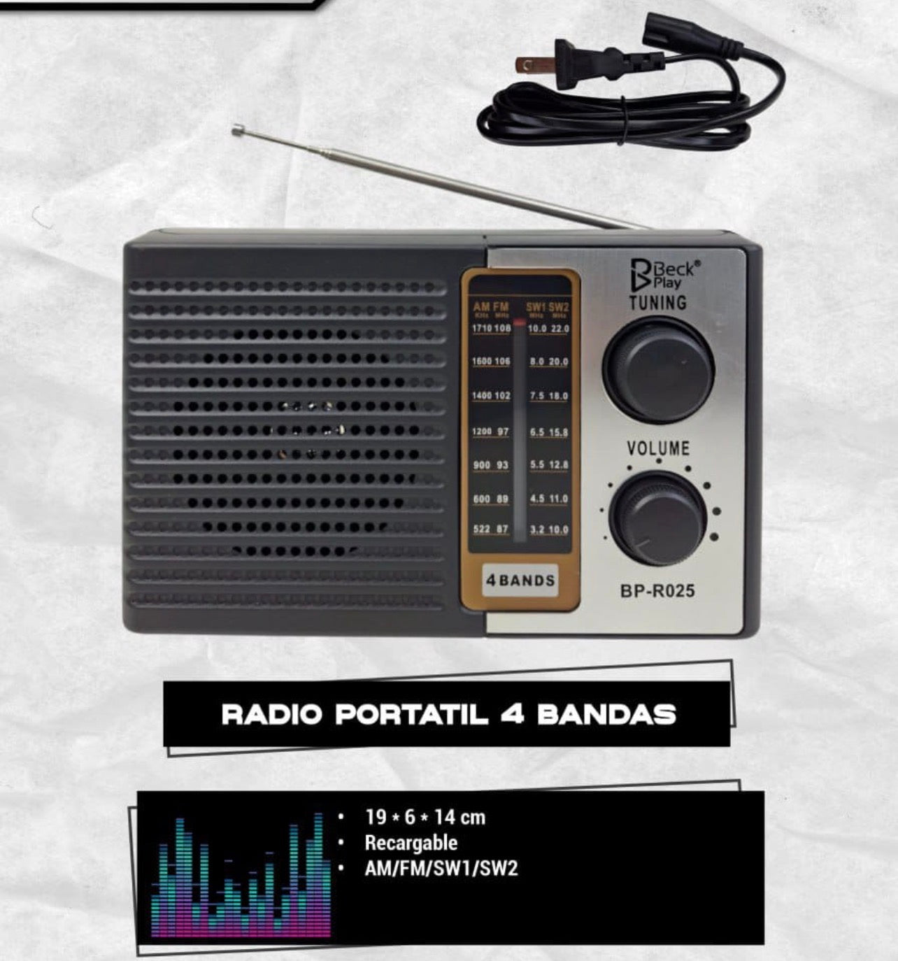 Radio Portátil Recargable de 4 Bandas (AM/FM/SW1/SW2)