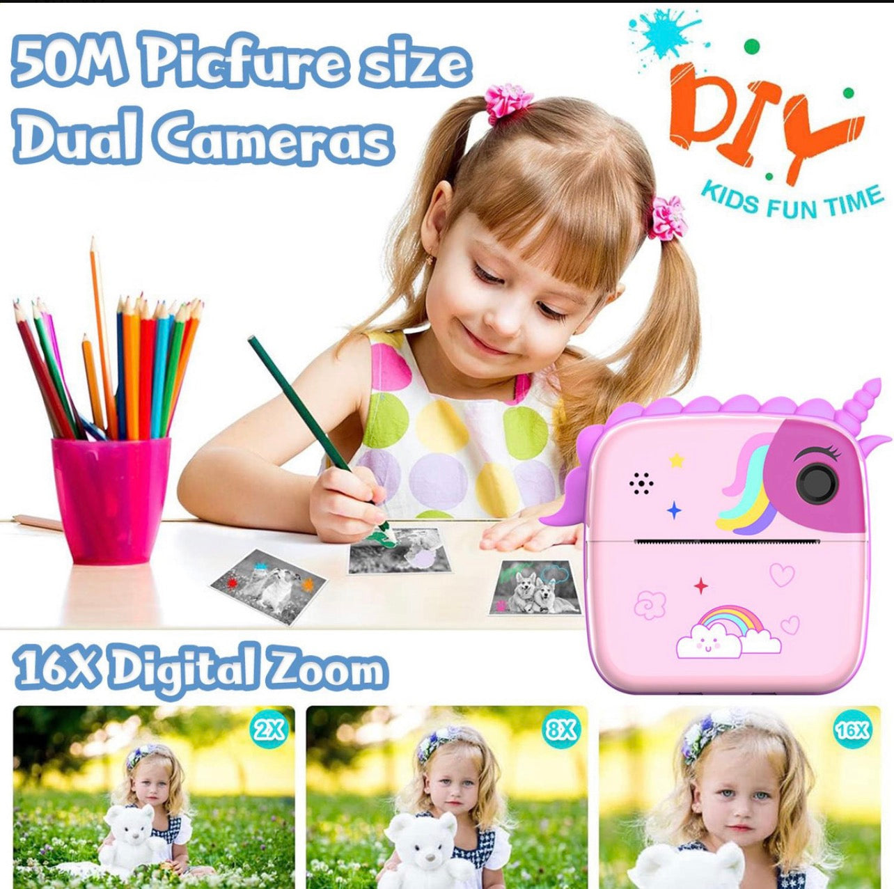 Cámara Digital Instantánea Para Niños - Impresión Térmica Unicornio Rosa HD